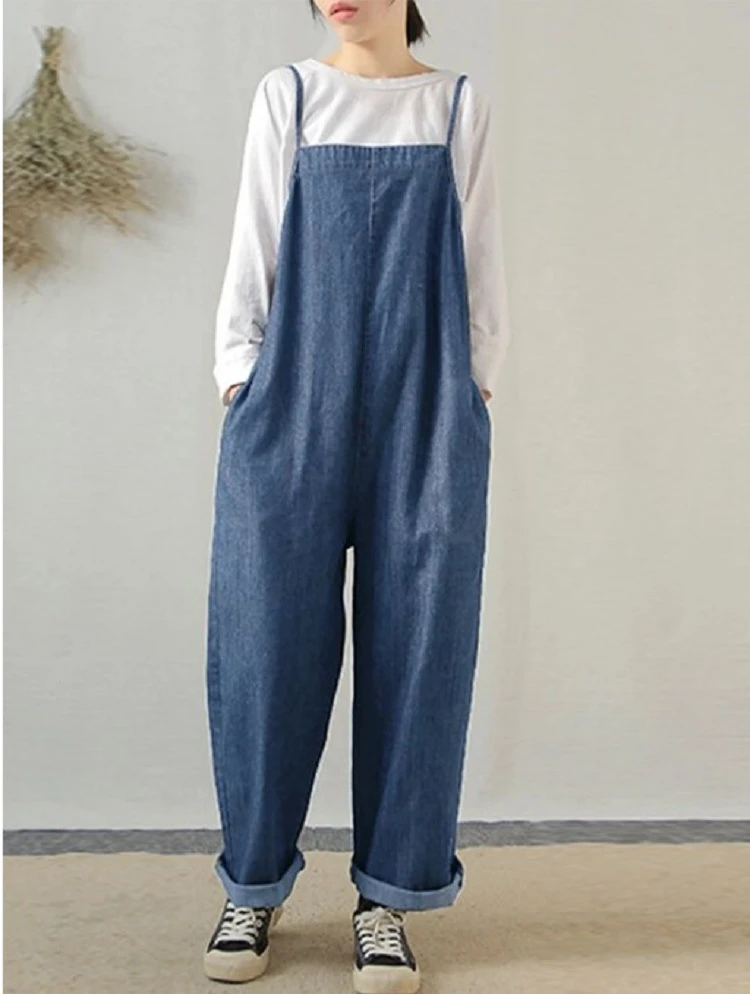 strappy denim jumpsuit