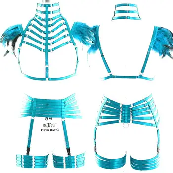 

Full Body Harness Bra Strappy Top Feather Shoulder Belt Sexy Lingerie Waist Garter Harajuku Punk Plus Size Elastic Halloween Art