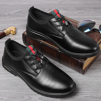 

2020 Spring Genuine Leather High Quality Men Shoes Men's Black Elastic Band Comfortable Casual Daily Trendy Sneakers Footwear