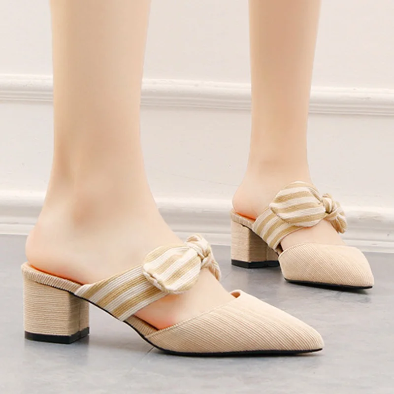 

2020 Summer Mules Shoes Slippers Women Outdoor High Heel Flip Flops Butterfly-Knot Pointed Shoes Woman Slingback Sandals Slides