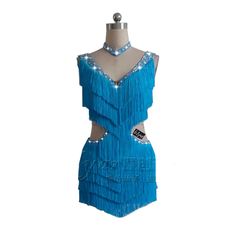 Dress and necklace Пикантные костюмы для латиноамериканских танцев платье для танцев озерно-голубой платье с бахромой единого дизайна с яркими стразами платье костюм для выступлений с Праздничное платье для девочек женское платье в стиле латино BL2537 - Цвет: Dress and necklace