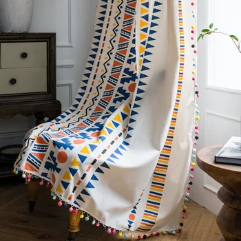 

Colorful Bohemia Geometric Curtains With Tassles Nordic Linen Bedroom Living Room Kitchen Bay Window Curtain Decortaion cortina