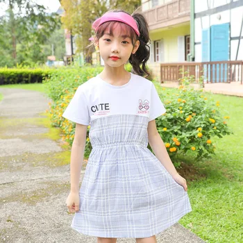 

Big Girls Dress 2020 Summer Stitching Princess Dress Classic Round Neck Short Sleeve Fashion Plaid Kids Clothes
