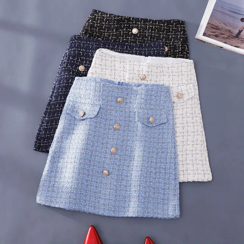 

Spring High Waist Bodycon Sexy Plaid Mini Skirt Women Button Front A Line Zipper Back Tweed Office Skirt