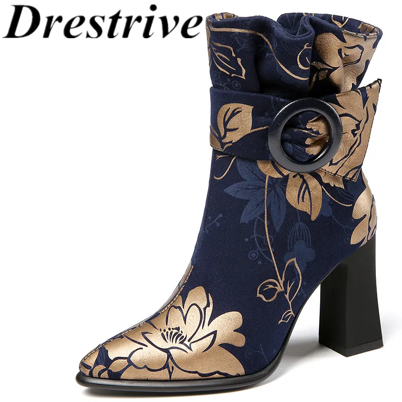 

Drestrive Woman Ankle Boots High Heels 8.5 cm Pointed Toe Print Buckle Blue Zipper Flock Autumn Shoes Size 43 Flower