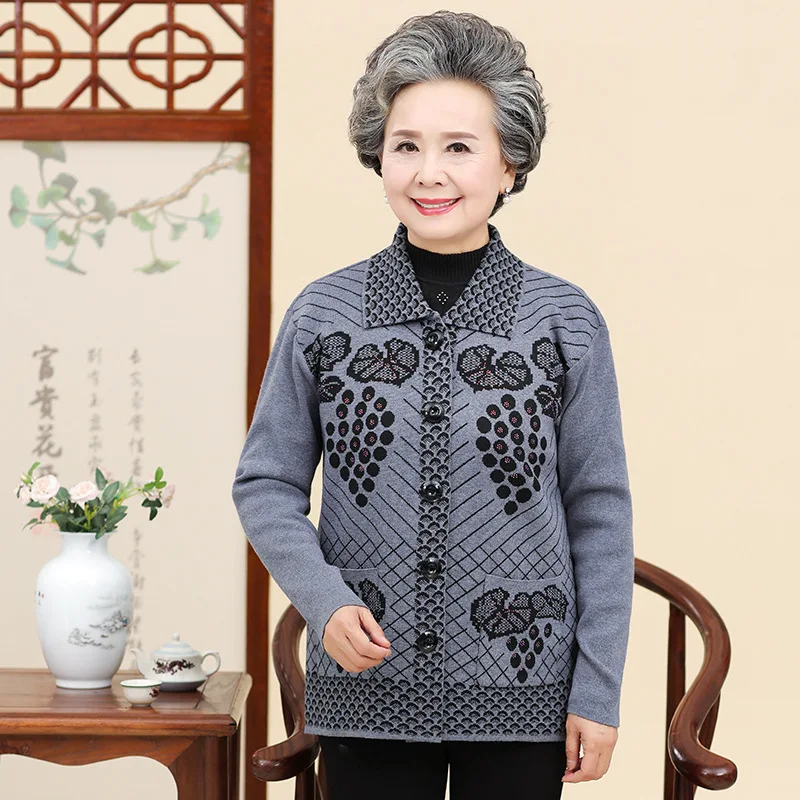

Middle-aged Knitted Vest Women's Fall And Winter Clothes Fold-down Collar Sweater Embroidery Cardigan Vest Middle-aged Women Dre