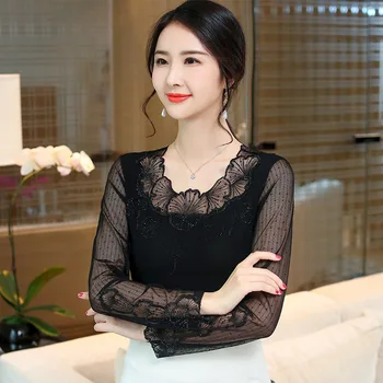 

New solid color lotus leaf collar long-sleeved diamond mesh chiffon T-shirt women