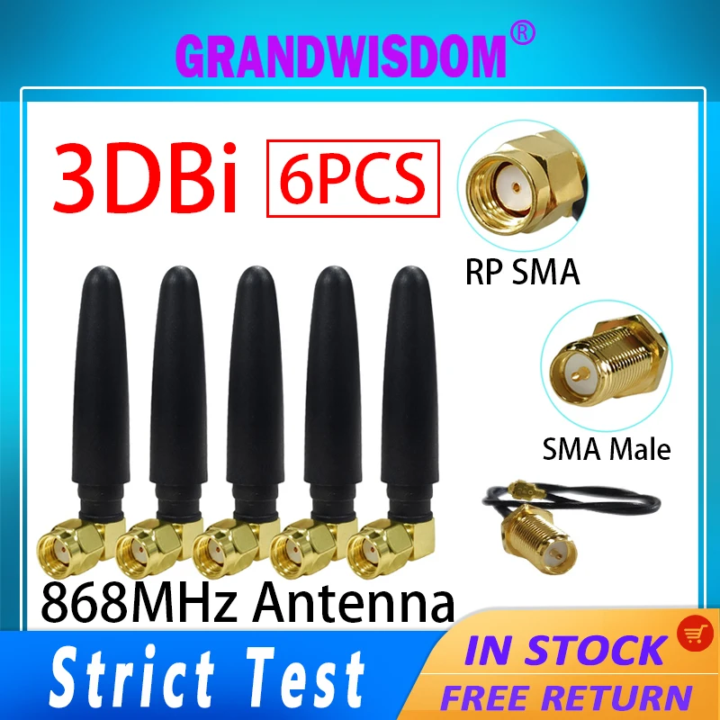 GRANDWISDOM 6pcs 868mhz antenna 3dbi sma female 915mhz lora module lorawan antene ipex 1 SMA male pigtail Extension Cable