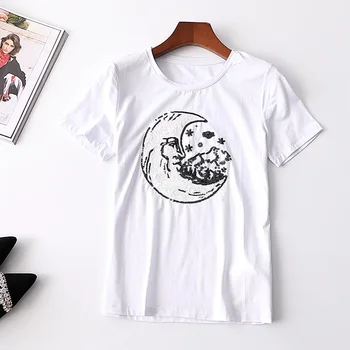 

New 118301 ladies T shirt with short sleeves sets round collar sequins pure color