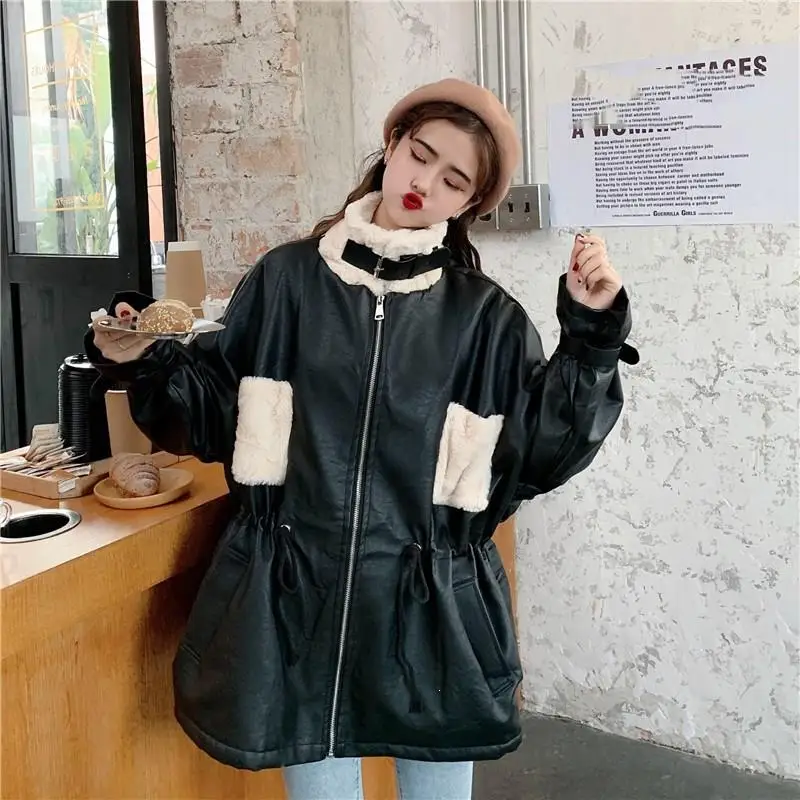 Осень Зима Harajuku куртка из искусственной кожи для женщин мех лоскутное пальто Мотоциклетные Куртки утепленные парки