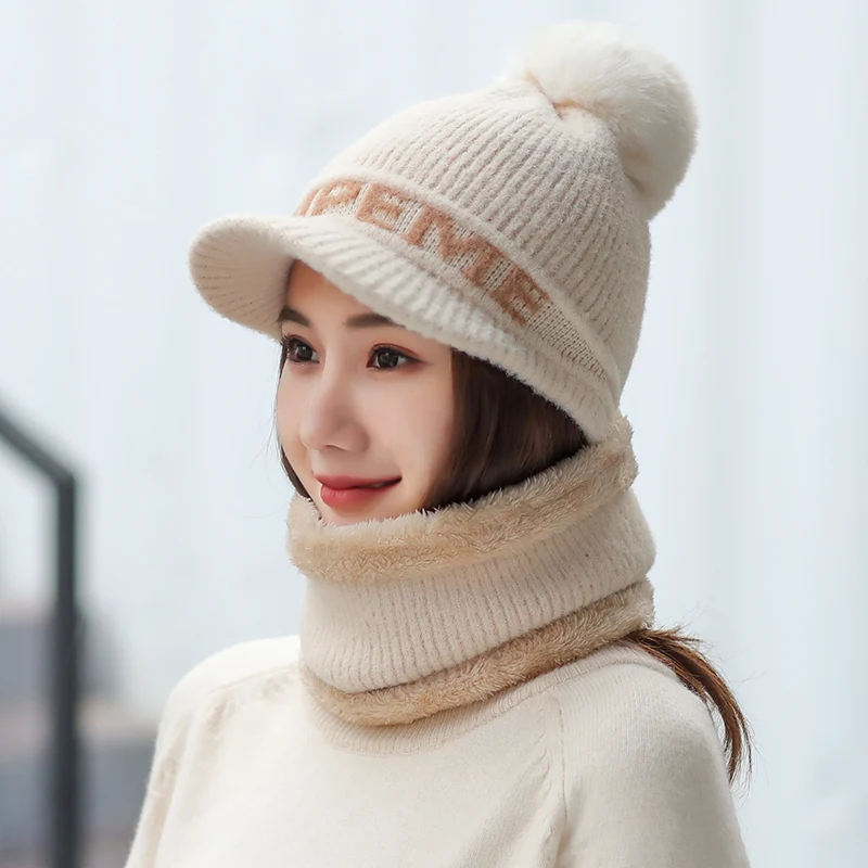 White Hat And Bib Женская шапка Skullies Beanies, зимняя, защита ушей, Корейская, Молодежная, зимняя, теплая, шерстяная, мягкая, Вязанная, меховая, женская шапка с капюшоном, плюшевая, бархатная, Tuque - Цвет: White Hat And Bib