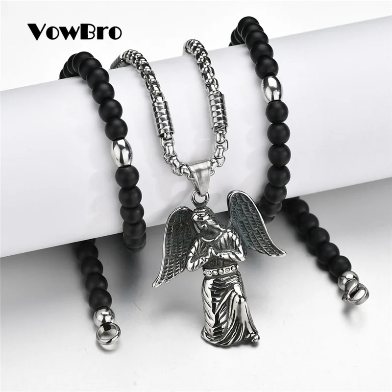 

VowBro Black Beads Catholic Rosary Catholic Holy Communion silver color Wings Crucifix angle Pendants Necklace nice gift