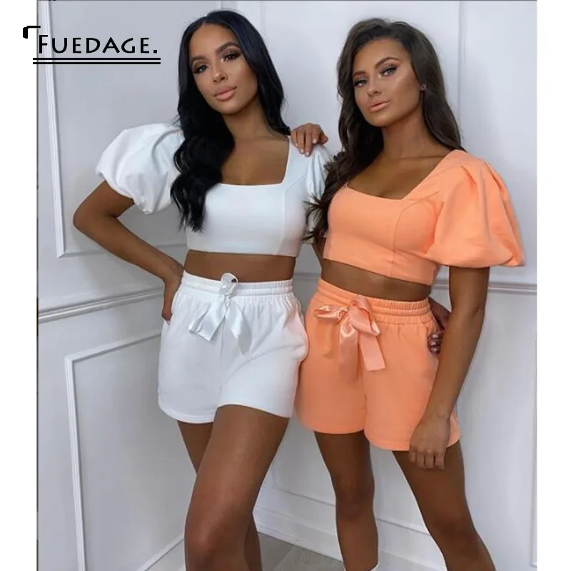 Женский комплект из двух предметов Fuedage однотонный укороченный топ с рукавами