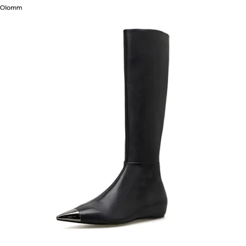 

Olomm New Handmade Women Knee High Boots Internal increas Heels Boots Pointed Toe Elegant Black Party Shoes Women US Size 4-13