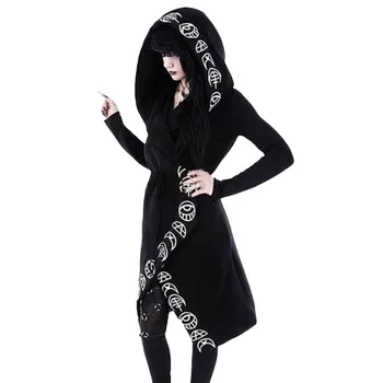 

Women's Jacket Long Sleeve Punk Moon Print Hooded Black Cardigan Jacket Fashion Coat Plus Size Casacas Para Mujer Dropship L#3