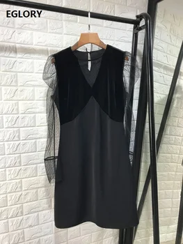 

Vintage Retro Dress 2020 Spring Style Women Sexy Sheer Mesh Velvet Patchwork Long Sleeve Bodycon Party Club Dress Above Knee
