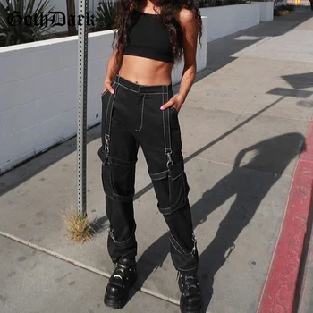 

Goth Dark Punk Style Vintage Wide Leg Black Cargo Pants Hip Hop Patchwork With Pockets Women Autumn Joggers Trousers Streetwear