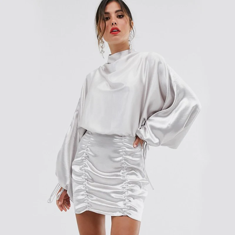 

2019 Autumn Women's Sexy Solid Long Sleeve Round Neck High Waist Pleated Drawstring Backless Vintage Above Knee Dress