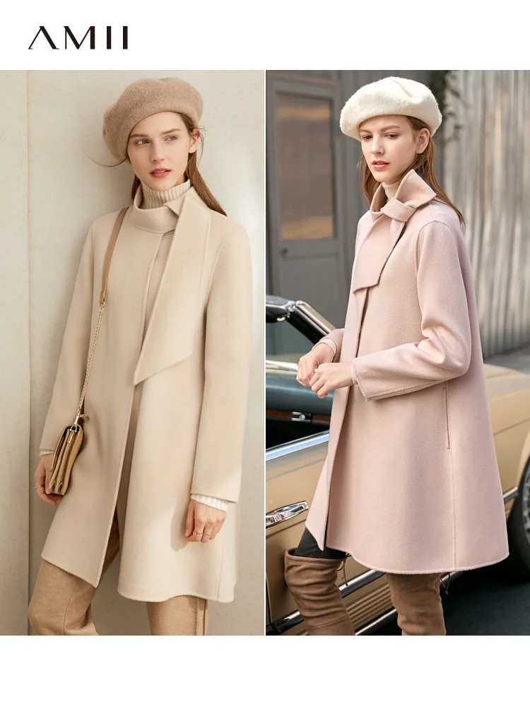 

Amii Vintage Woolen Coat Autumn Women Elegant Solid Tie Style Mock Neck Female Long Coat 11930401