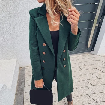 

2020 Autumn Women's Jacket Fashion Solid Color Coats Basic Essential Double-Breasted Tops New Mid-Long Wool Blend Pea Coat tops
