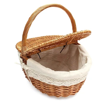 

Handmade Wicker Basket with Handle, Wicker Camping Picnic Basket with Double Lids, Shopping Storage Hamper Basket with Cloth Lin