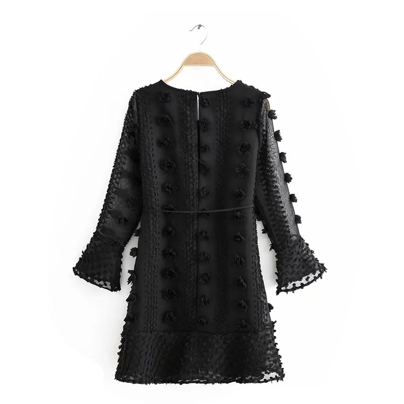 Сексуальные Платья женские черные 2019 Осень Зима с длинным рукавом Boho A Line Ruffle