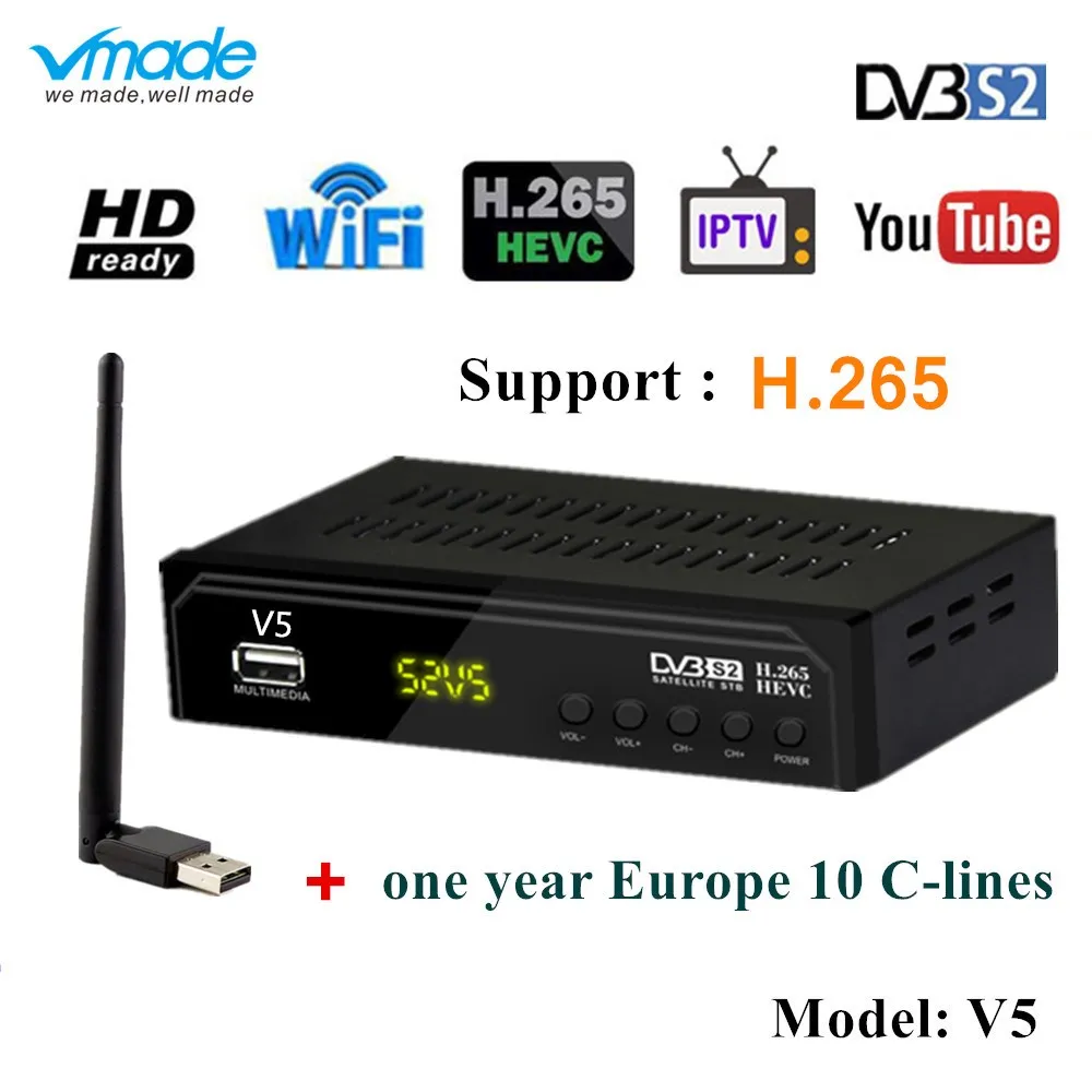 

Vmade S2 V5 Satellite TV Receiver+USB WIFI+Free 1 Year Europe CCCAM Support H.265/HEVC YouTube CCCAM Biss Key DVB S2 Set Top Box