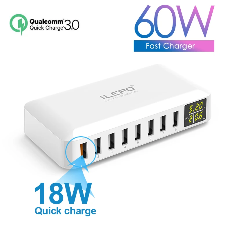 Зарядное устройство QC3.0 с 8 USB-портами и светодиодным дисплеем 60 Вт | Мобильные
