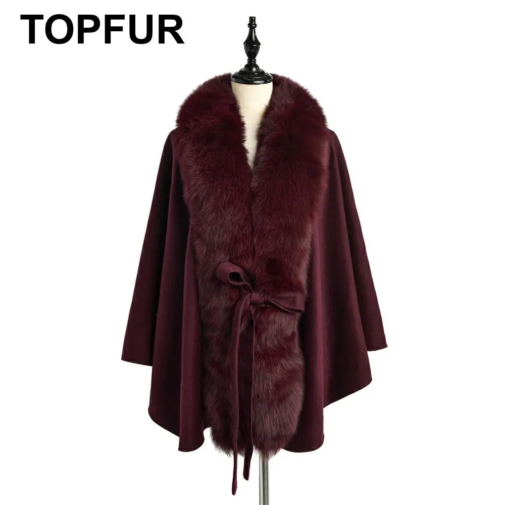 TOPFUR New Fashion Winter Female Cape Wine Red Real Fur Cape For Women V-Neck Three Quaeter Real Fox Outerwear Bat Sleeved