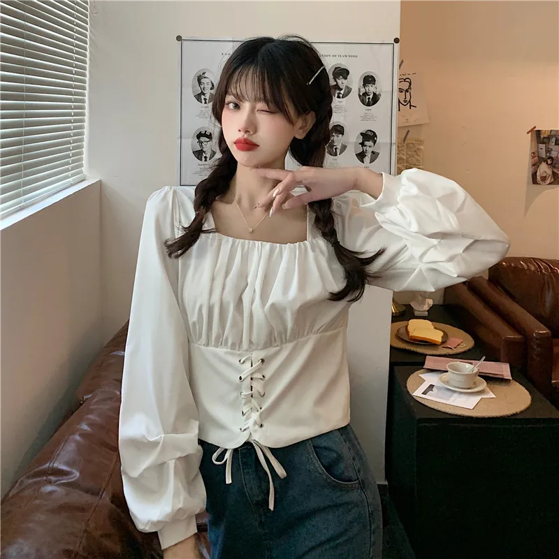 

French square collar puff sleeve all-match lantern sleeve short shirt