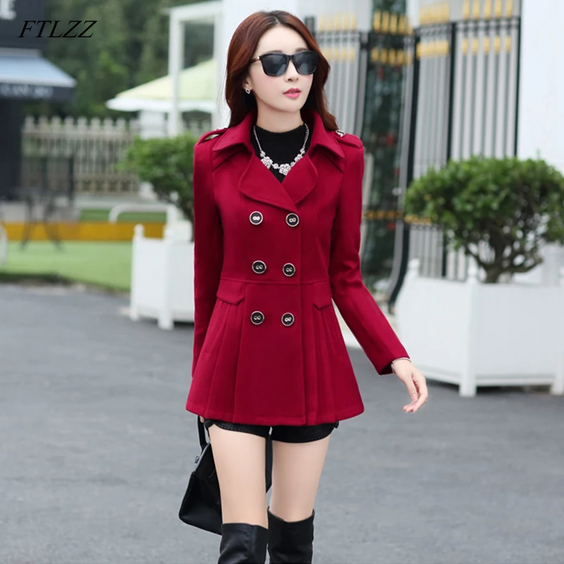 

FTLZZ Woolen Short Coat Plus Size 3XL Women Slim Double Breasted Wool Blend Warm Jacket Autumn Winter Female Outerwear