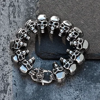 

large skull mens bracelets on hand stainless steel skeleton chains bracelet Retro hip hop punk bracele homme Viking jewelry 2020