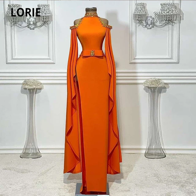 LORIE New Arrival Orange Evening Dresses High Neck Beaded with Rhinestones Long Sleeves Mermaid Prom Party Celebrity Dress 2021 1