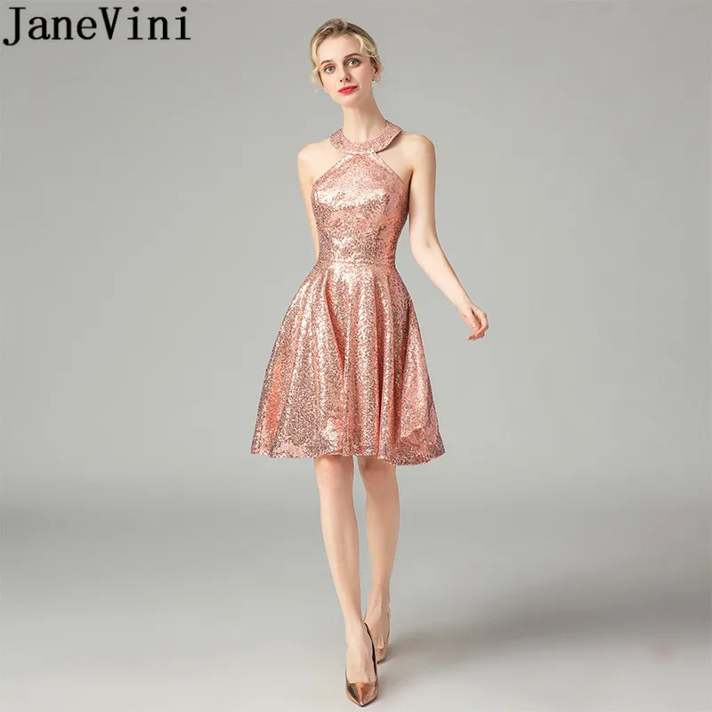 JaneVini, элегантное розовое Золотое коктейльное платье с блестками, короткое, с лямкой на шее, с блестками, с открытой спиной, по колено, платья для вечеринок для женщин, для выпускного вечера