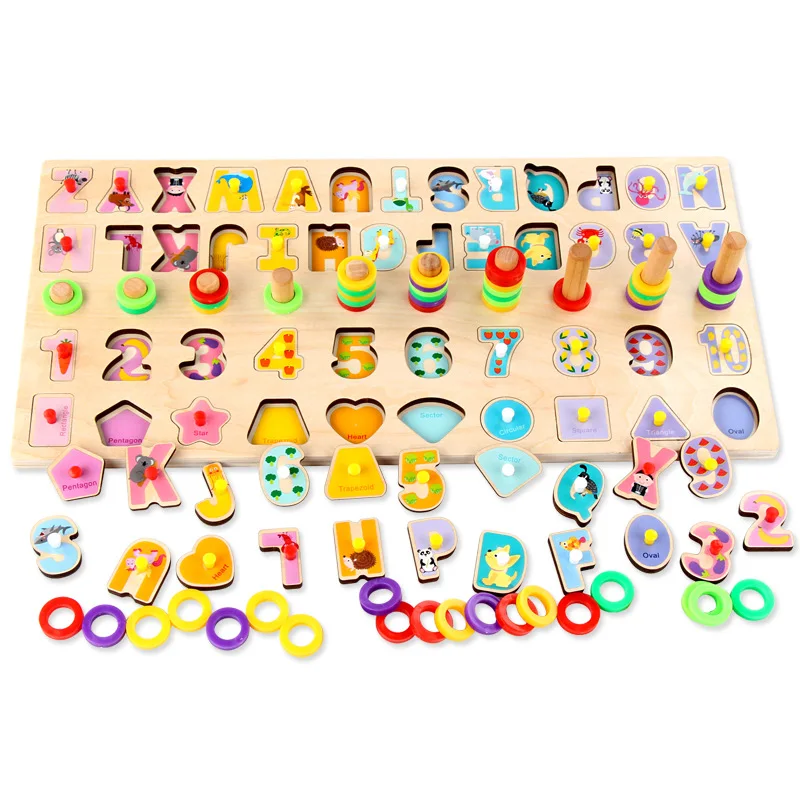 

Wood Teaching Five in One Numbers Board Children Early Education Rainbow Ring Jigsaw Puzzle 3-6-Year-Old Educational Early Child