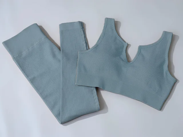 BURGUNDY 2 Piece Set Ribbed Seamless Outfits Yoga Leggings Fitness Wear Womens Sports Bra Gym Pants Workouts Scoop Notch CARAMEL Blue notch