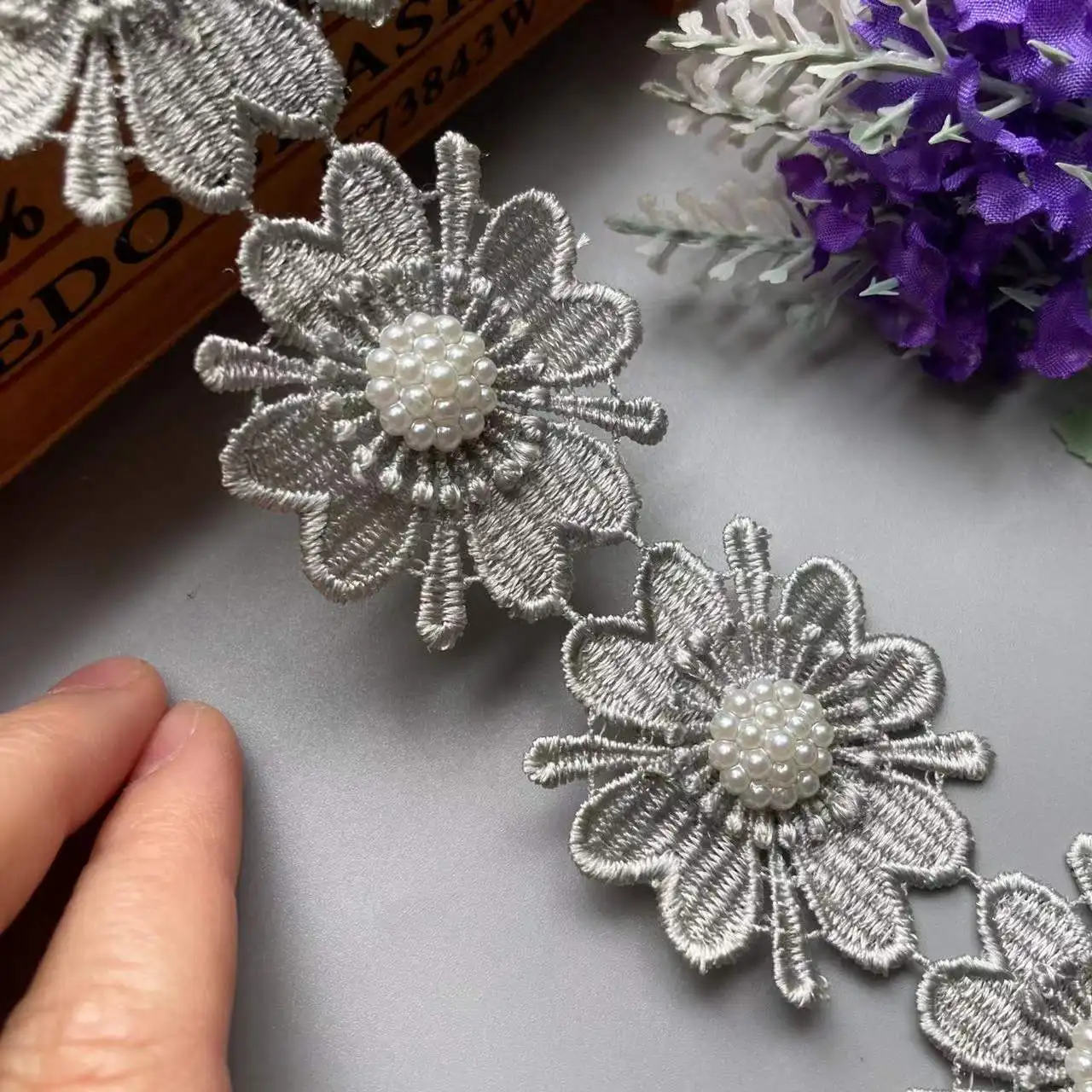 

New 10x Gray Double Layered Pearl Flower Handmade Lace Trim Ribbon Beaded Embroidered Applique Dress DIY Sewing Craft 5cm X 5cm
