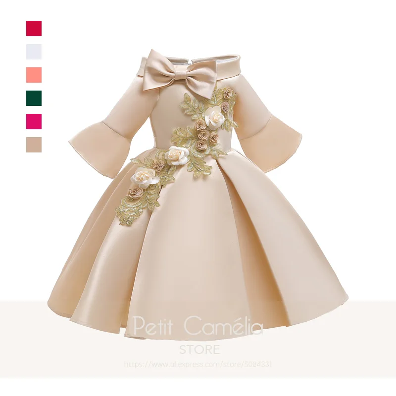 New Summer Dress Princess Girls Party Casual Solid Appliques Bow Ribbons Draped Kids Formal Embroidery Costume Ball Gown | Детская