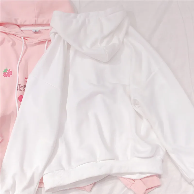 Woherb Harajuku Kawaii женские толстовки с капюшоном японский стиль мультфильм клубника Печать Графический розовый белый пуловер с капюшоном