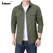 

Ladiguard Plus Size 5xl Men Cargo Shirts Mens Blouse Single-breasted Top Sexy Male clothing 2022 Spring New Casual Shirt blusas