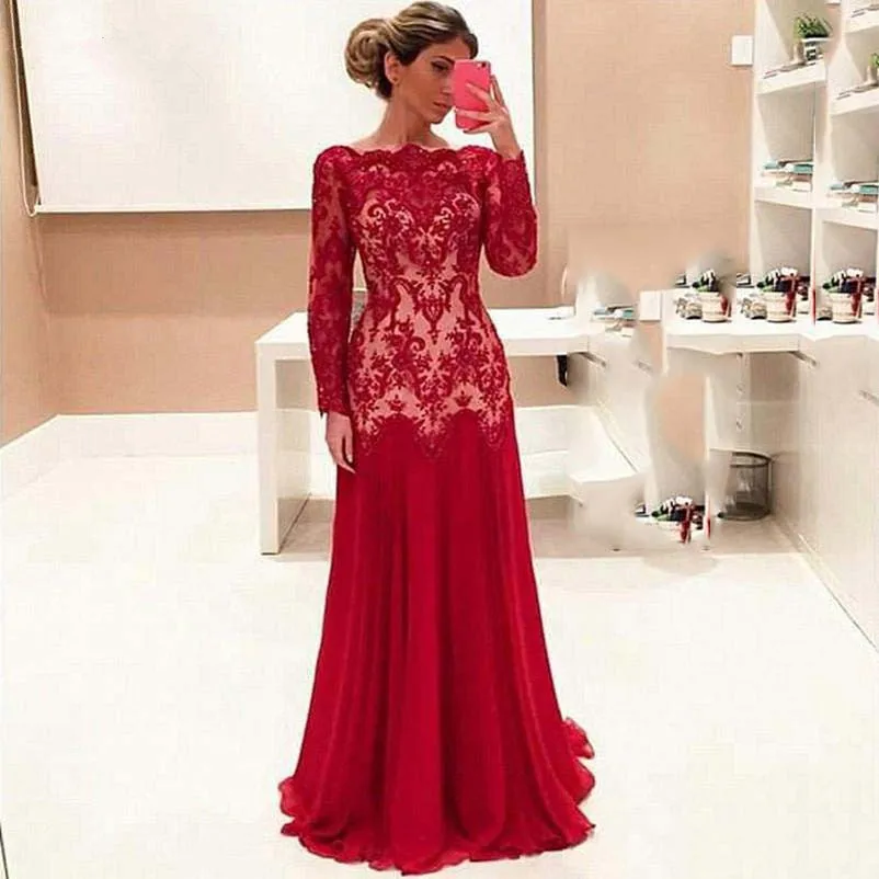Rood 2019 Moeder Van De Bruid Jurken A-lijn Lange Mouwen Chiffon Applicaties Lace Lange Bruidegom Moeder Jurken Voor Bruiloften
