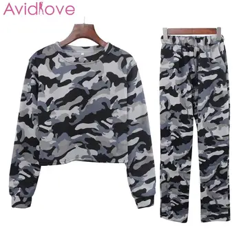 

Women Casual Camouflage Long Sleeve Pullover Short Sportswear Suit Ankle Length Casual,Sports Elastic Waist