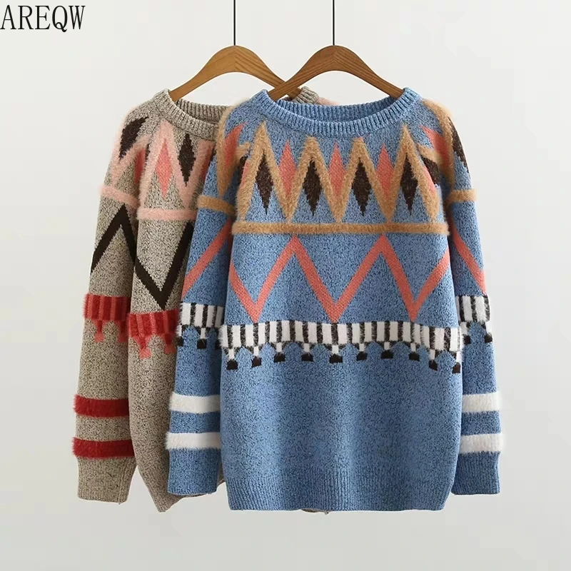 

Loose and Thicker Long Sleeve Geometric Sweaters Women's Tops Knitted pullovers in Autumn and Winter of 2019