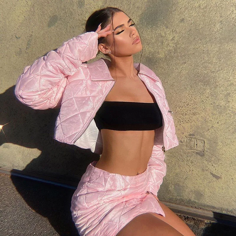 

Pink Warm Thick Skirt And Parkas Sweat Suits Top Tracksuits Women's Clothing 2020 Two Piece Set Winter Female Fashion Outfits