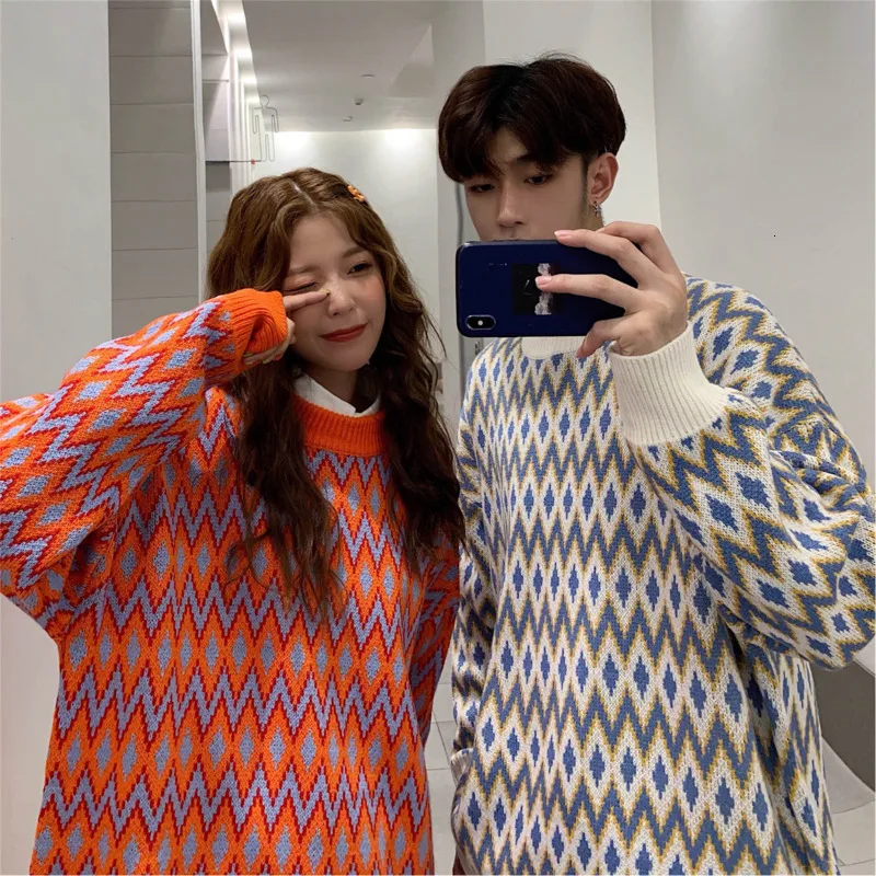 Autumn New Sweater Men Fashion Contrast Color Casual O-neck Knit Sweter Men Street Wild Loose Couple Pullover Clothes S-2XL