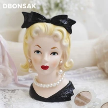 Креативная скульптура в стиле ретро, с изображением головы человека, Дамская, с жемчужным бантом, портретный цветочный горшок, для хранения дома, декоративные аксессуары