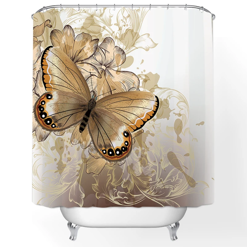 Chinese Shower Curtain Polyester Butterfly Pattern Printed Shower