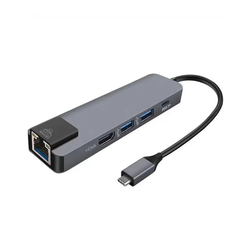 Серый 5 в 1 концентратор USB Type C HDMI 4K USB C концентратор для Gigabit Ethernet Rj45 Lan адаптер для MacBook Pro USB-C зарядное устройство конвертер D08A - Цвет: Серый