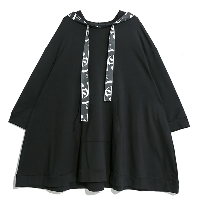 [EAM] женский черный свитер с большим подолом, новинка, с капюшоном, с длинным рукавом, свободный крой, модный стиль, весна-осень, 1A315