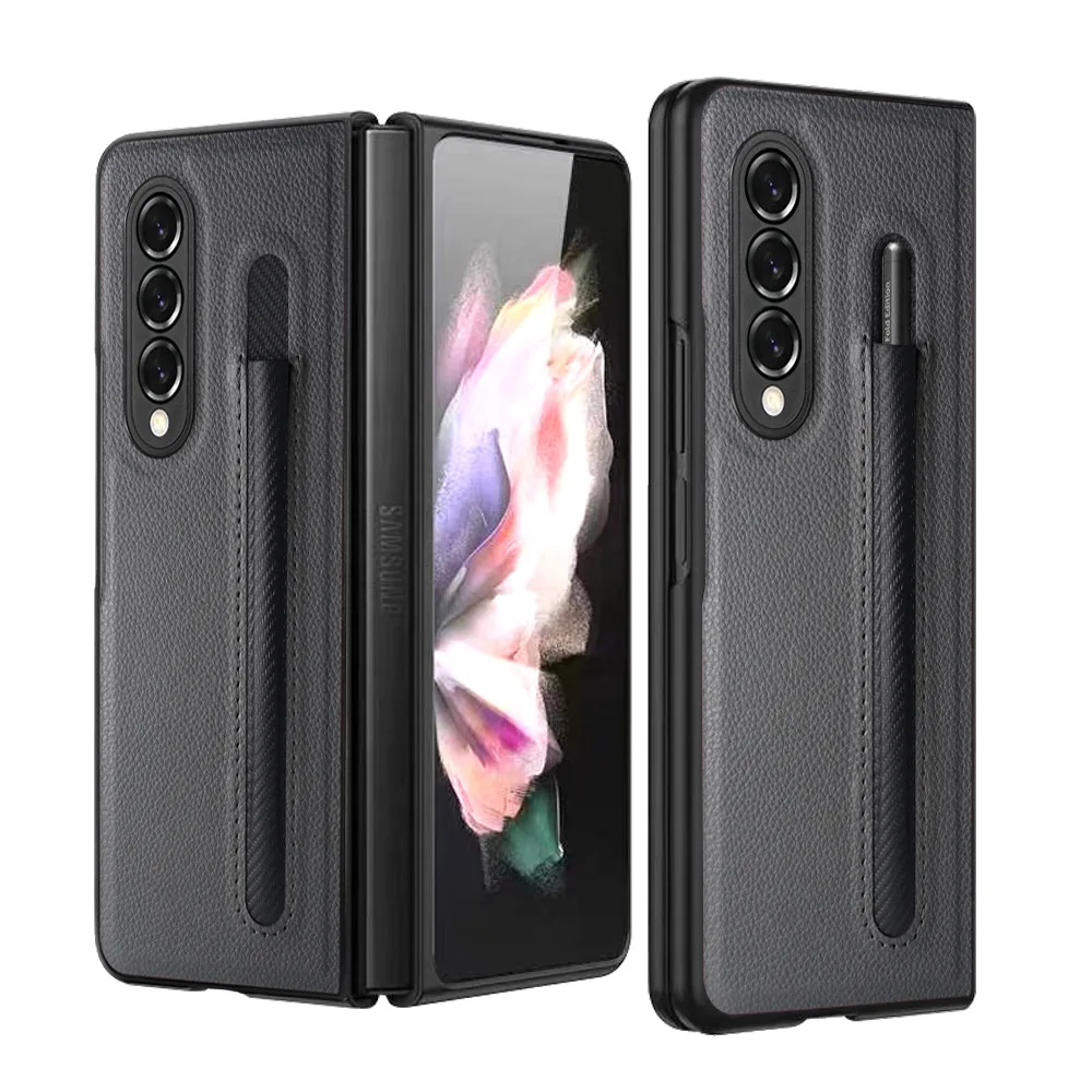 Fashion Leather Lychee pattern Pen slot case for Samsung Galaxy Z Fold 3 PU+PC Cover Anti-knock luxury Cases for Fold3 F9260 samsung z flip3 case